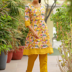 Women embroidered printed  kurta set with laced solid pants