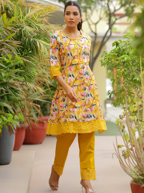 Women embroidered printed  kurta set with laced solid pants