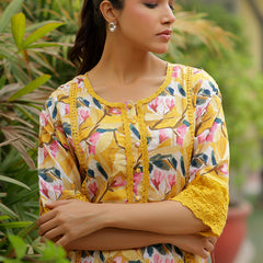 Women embroidered printed  kurta set with laced solid pants