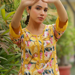 Women embroidered printed  kurta set with laced solid pants