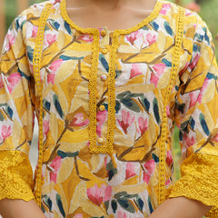 Women embroidered printed  kurta set with laced solid pants