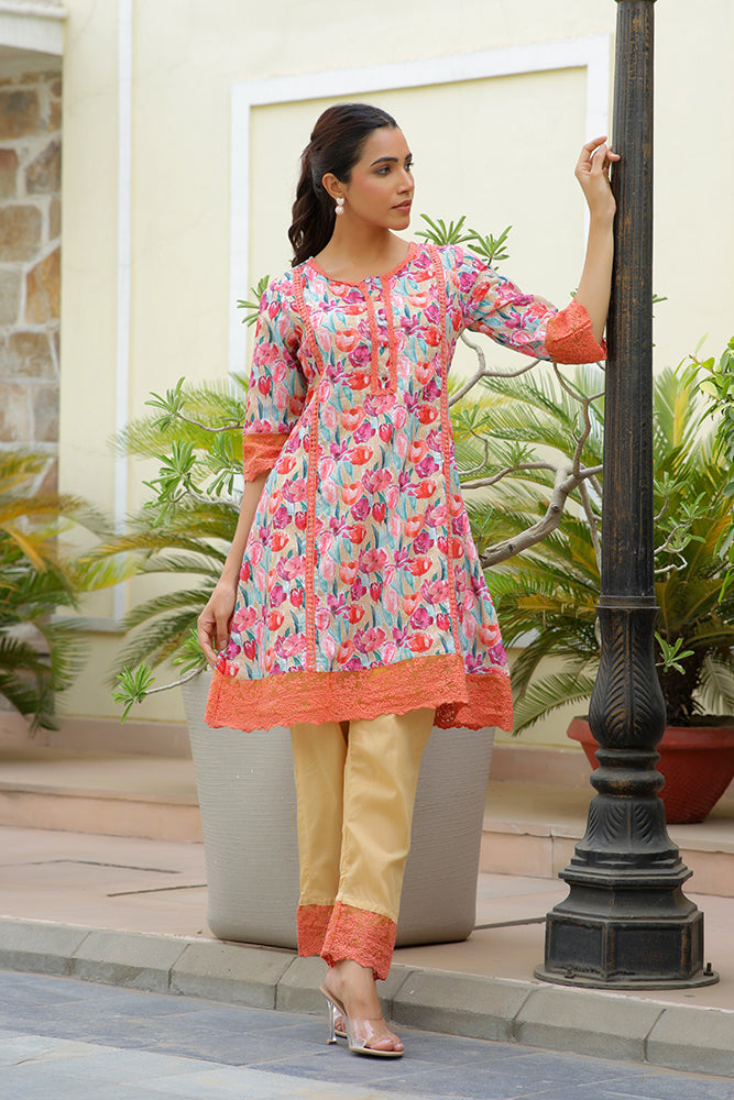 Women lemon embroidered printed  kurta set with laced solid pants