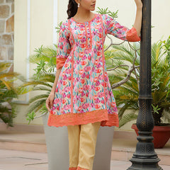 Women lemon embroidered printed  kurta set with laced solid pants