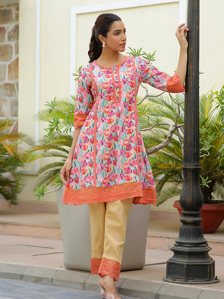 Women lemon embroidered printed  kurta set with laced solid pants