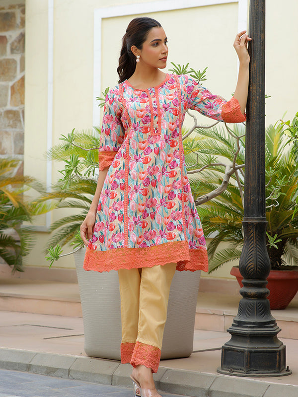 Women lemon embroidered printed  kurta set with laced solid pants