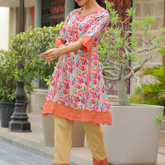 Women lemon embroidered printed  kurta set with laced solid pants