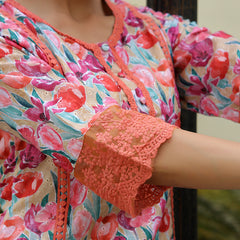 Women lemon embroidered printed  kurta set with laced solid pants