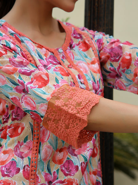 Women lemon embroidered printed  kurta set with laced solid pants