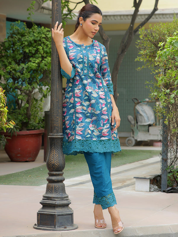 Women cyan embroidered printed  kurta set with laced solid pants