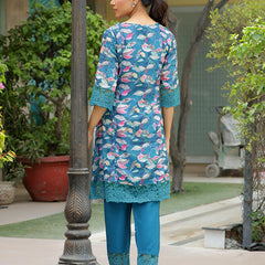 Women cyan embroidered printed  kurta set with laced solid pants
