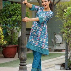 Women cyan embroidered printed  kurta set with laced solid pants