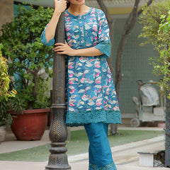 Women cyan embroidered printed  kurta set with laced solid pants