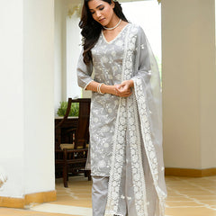 Women linen embroidered solid kurta set with solid pants & chiffon embroidered dupatta