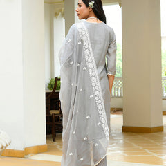Women linen embroidered solid kurta set with solid pants & chiffon embroidered dupatta