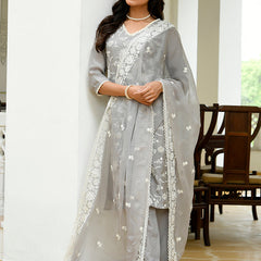 Women linen embroidered solid kurta set with solid pants & chiffon embroidered dupatta
