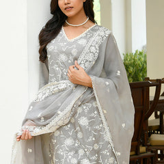 Women linen embroidered solid kurta set with solid pants & chiffon embroidered dupatta