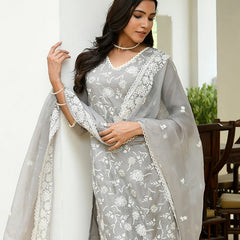 Women linen embroidered solid kurta set with solid pants & chiffon embroidered dupatta