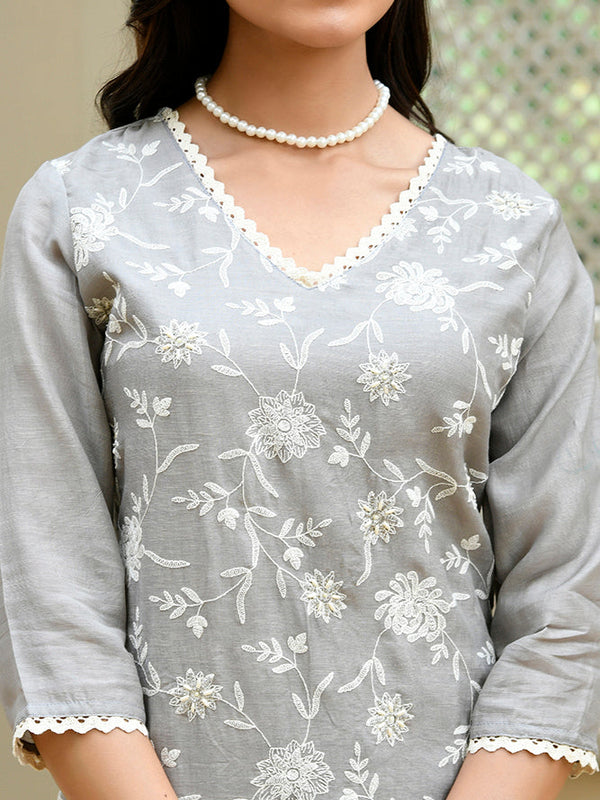 Women linen embroidered solid kurta set with solid pants & chiffon embroidered dupatta