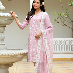 Women linen embroidered solid kurta set with solid pants & chiffon embroidered dupatta