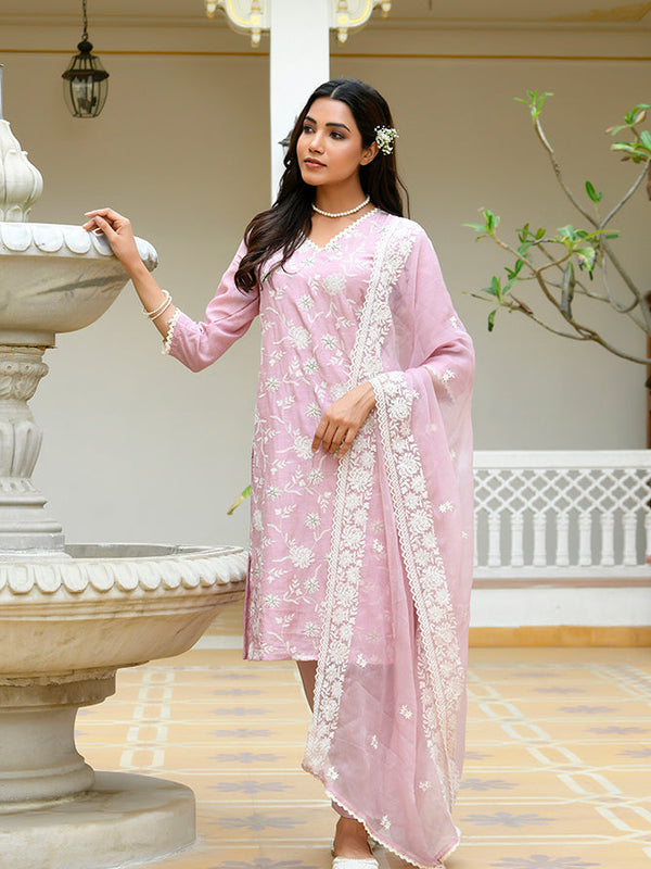 Women linen embroidered solid kurta set with solid pants & chiffon embroidered dupatta