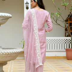 Women linen embroidered solid kurta set with solid pants & chiffon embroidered dupatta