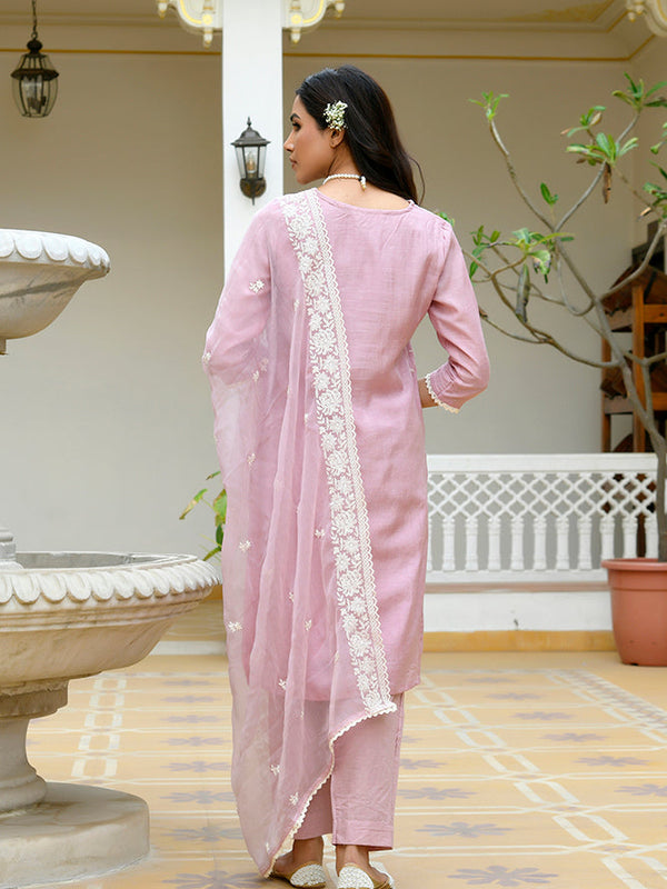 Women linen embroidered solid kurta set with solid pants & chiffon embroidered dupatta