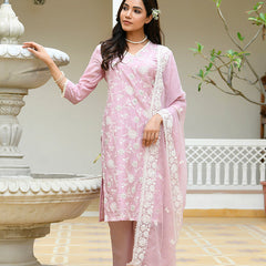 Women linen embroidered solid kurta set with solid pants & chiffon embroidered dupatta