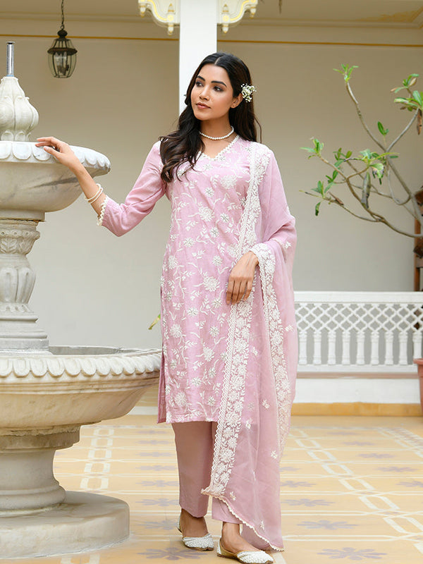 Women linen embroidered solid kurta set with solid pants & chiffon embroidered dupatta