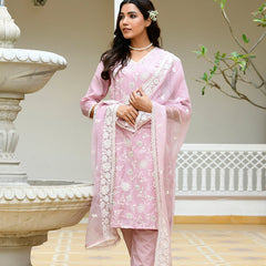 Women linen embroidered solid kurta set with solid pants & chiffon embroidered dupatta