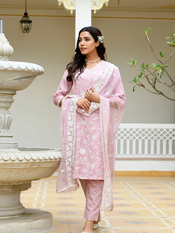 Women linen embroidered solid kurta set with solid pants & chiffon embroidered dupatta