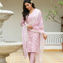 Women linen embroidered solid kurta set with solid pants & chiffon embroidered dupatta