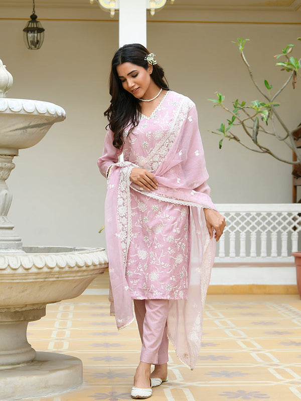 Women linen embroidered solid kurta set with solid pants & chiffon embroidered dupatta