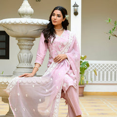 Women linen embroidered solid kurta set with solid pants & chiffon embroidered dupatta