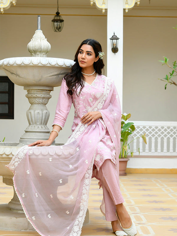 Women linen embroidered solid kurta set with solid pants & chiffon embroidered dupatta