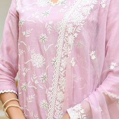 Women linen embroidered solid kurta set with solid pants & chiffon embroidered dupatta