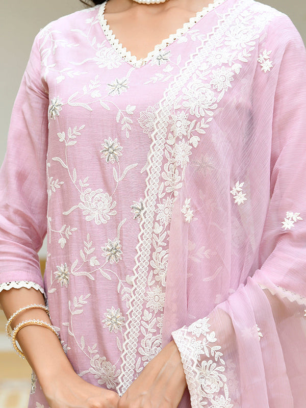 Women linen embroidered solid kurta set with solid pants & chiffon embroidered dupatta
