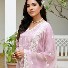Women linen embroidered solid kurta set with solid pants & chiffon embroidered dupatta