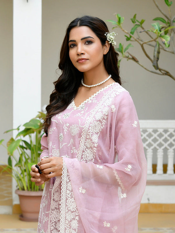 Women linen embroidered solid kurta set with solid pants & chiffon embroidered dupatta