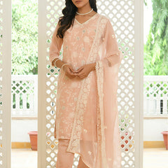 Women linen embroidered solid kurta set with solid pants & chiffon embroidered dupatta