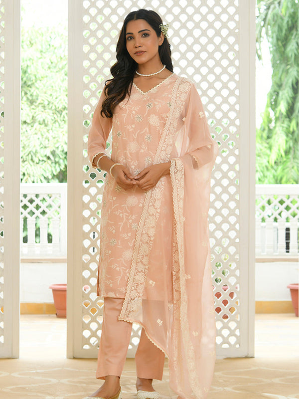 Women linen embroidered solid kurta set with solid pants & chiffon embroidered dupatta