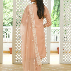 Women linen embroidered solid kurta set with solid pants & chiffon embroidered dupatta