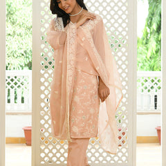 Women linen embroidered solid kurta set with solid pants & chiffon embroidered dupatta