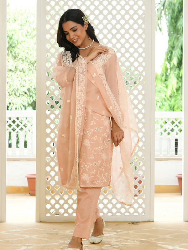 Women linen embroidered solid kurta set with solid pants & chiffon embroidered dupatta