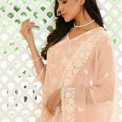 Women linen embroidered solid kurta set with solid pants & chiffon embroidered dupatta