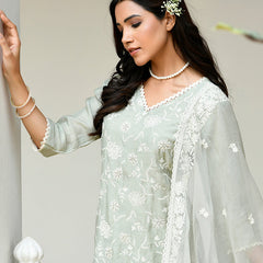 Women linen embroidered solid kurta set with solid pants & chiffon embroidered dupatta