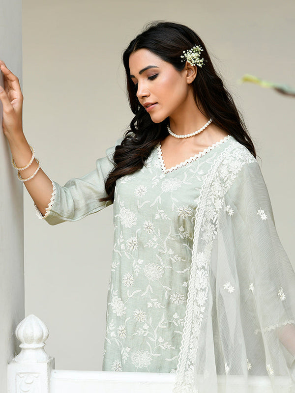 Women linen embroidered solid kurta set with solid pants & chiffon embroidered dupatta