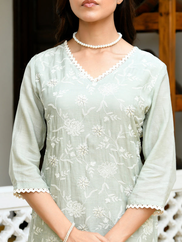 Women linen embroidered solid kurta set with solid pants & chiffon embroidered dupatta