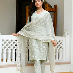 Women linen embroidered solid kurta set with solid pants & chiffon embroidered dupatta