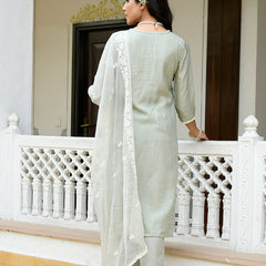 Women linen embroidered solid kurta set with solid pants & chiffon embroidered dupatta