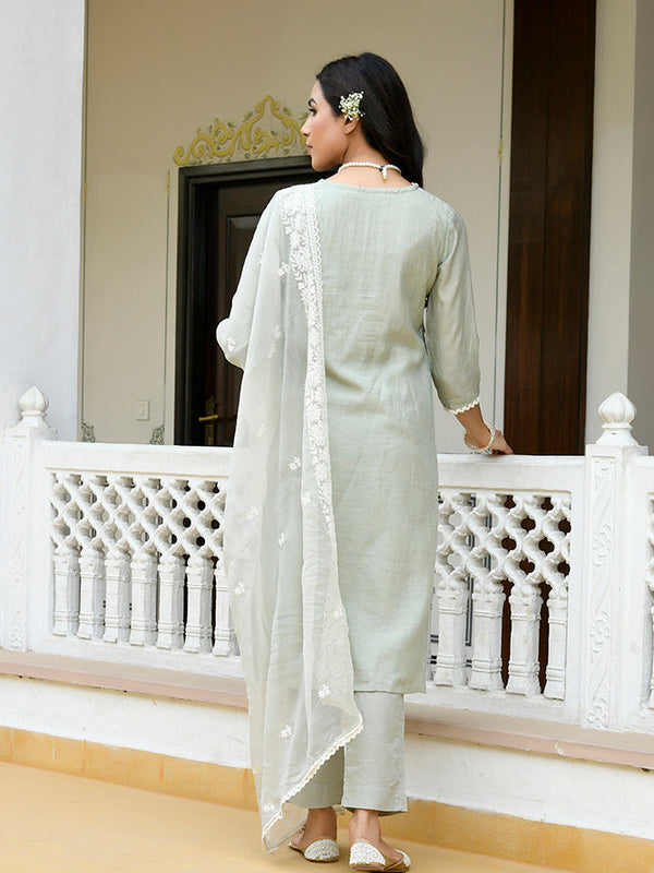 Women linen embroidered solid kurta set with solid pants & chiffon embroidered dupatta
